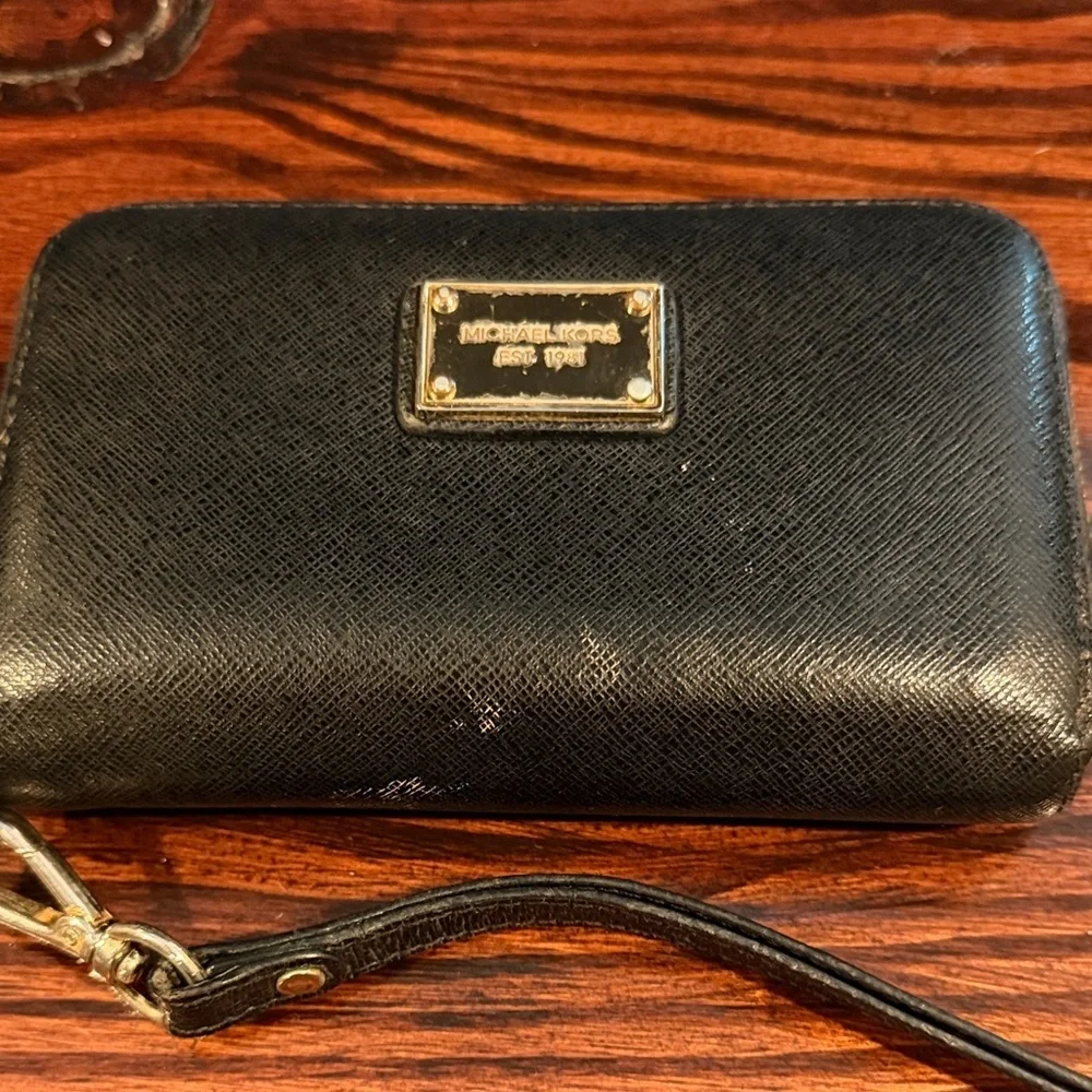 Michael Kors Black Leather Zip Wristlet with Gold Plate